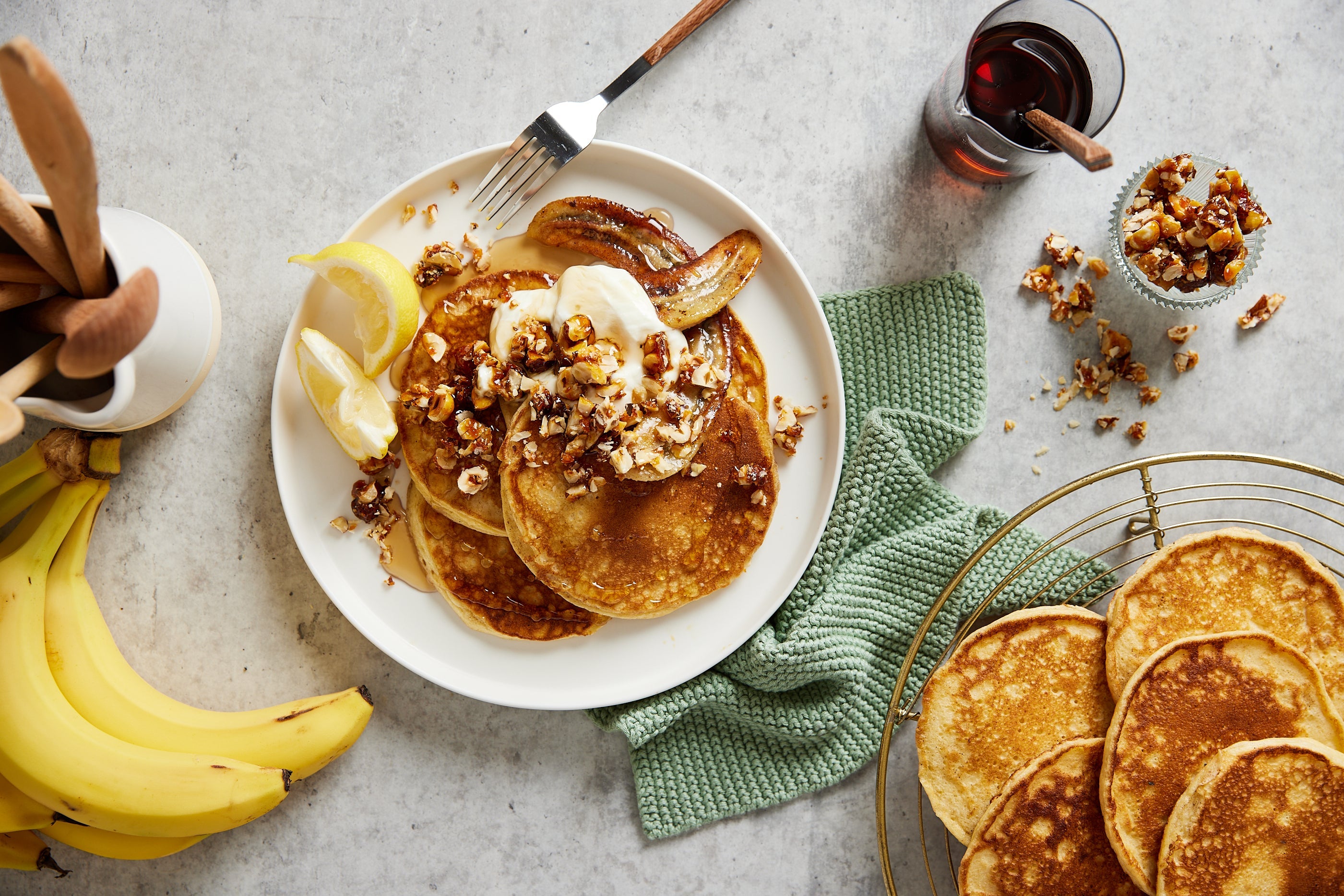 Ricotta pancakes with hazelnuts and caramelised banana