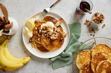 Ricotta pancakes with hazelnuts and caramelised banana